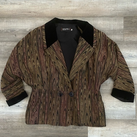 Vintage Retro 80's Brown Tapestry Dolman Double Breasted Button Blazer Jacket - Picture 1 of 10